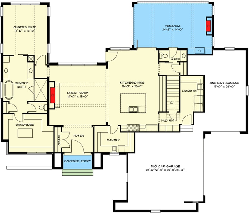 Plan 93139EL: Exclusive 4-Bed European Home Plan with Game Room - Floor Plan - Main Level - European, New American, Transitional