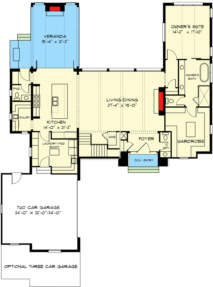 Plan 93140EL: Exclusive Tudor Home Plan with Exposed Beams in Living / Dining Area and Large Veranda - Floor Plan - Main Level - European, Transitional, Tudor