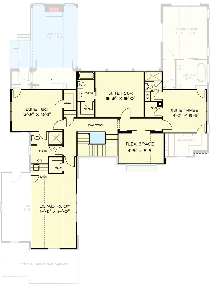 Plan 93140EL: Exclusive Tudor Home Plan with Exposed Beams in Living / Dining Area and Large Veranda - Floor Plan - 2nd Floor - European, Transitional, Tudor