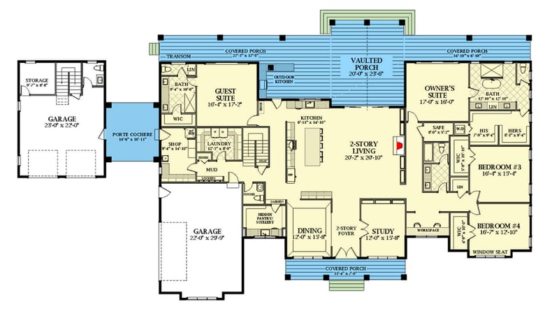 Plan 46482LA: Exclusive Modern Farmhouse Plan with Large Vaulted Porch and Porte-Cochere - Floor Plan - Main Level - Country, Modern Farmhouse, New American, Traditional