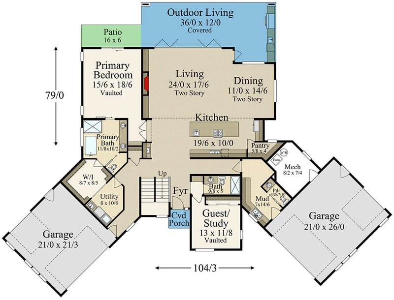 Plan 85409MS: Modern Home Plan Under 3500 Square Feet with Two Drive-Through Angled Garages - Floor Plan - Main Level - Contemporary, Mid Century Modern, Modern, Northwest, Prairie