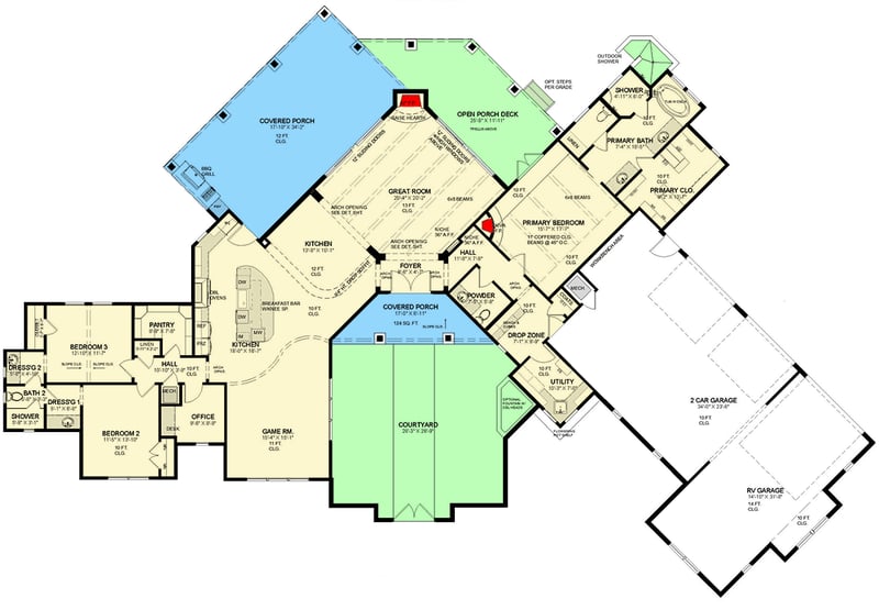 Plan 54032LK: 3-Bed Southwest House Plan with Angled Car Garage - 2945 Sq Ft - Floor Plan - Main Level - Adobe , Southwest, Spanish