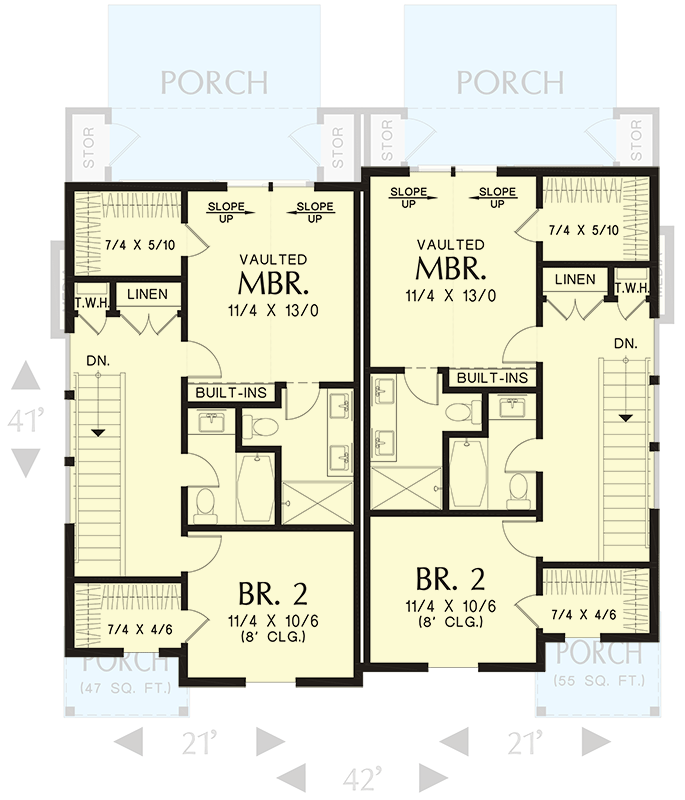 Plan 69791AM: Modern Farmhouse Duplex with Matching Units Under 1300 Square Feet - Floor Plan - 2nd Floor - Craftsman, Modern Farmhouse, New American