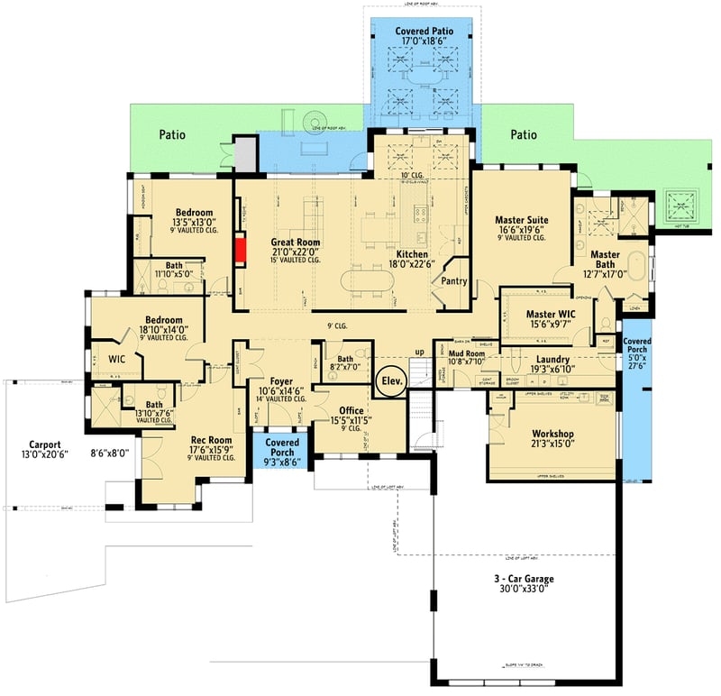 Plan 666188RAF: Mid-Century Modern Home Plan with 2-Story Great Room and Workshop - Floor Plan - Main Level - Contemporary, Mid Century Modern, Modern, Northwest