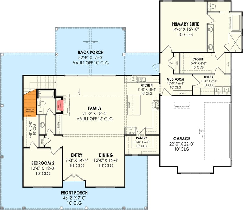 Plan 818042JSS: 4-Bed Modern Farmhouse Plan with Wraparound Porch - 2755 Sq Ft - Floor Plan - Main Level with Basement Stairs Location - Farmhouse, Modern Farmhouse, New American, Southern, Traditional