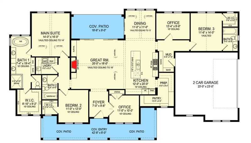 Plan 493000GNT: 3-Bed Farmhouse Plan Under 2500 Square Feet with Vaulted Interior - 2441 Sq Ft - Floor Plan - Main Level - Country, Farmhouse, Modern Farmhouse, Traditional
