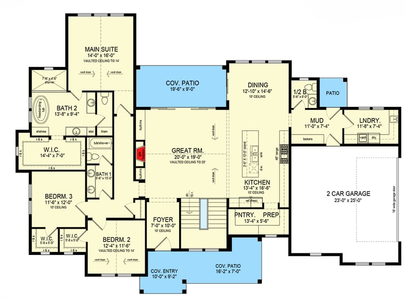 Plan 493003GNT: 3-Bed New American House Plan with and Lower Level Expansion - 2527 Sq Ft - Floor Plan - Main Level - Country, Farmhouse, New American, Ranch, Traditional