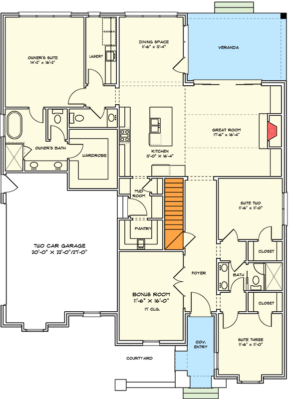 Plan 93149EL: One-Level Transitional Tudor House Plan with Bonus Room and Covered Veranda - Floor Plan - Main Level- Basement Stairs Location - European, Transitional, Tudor