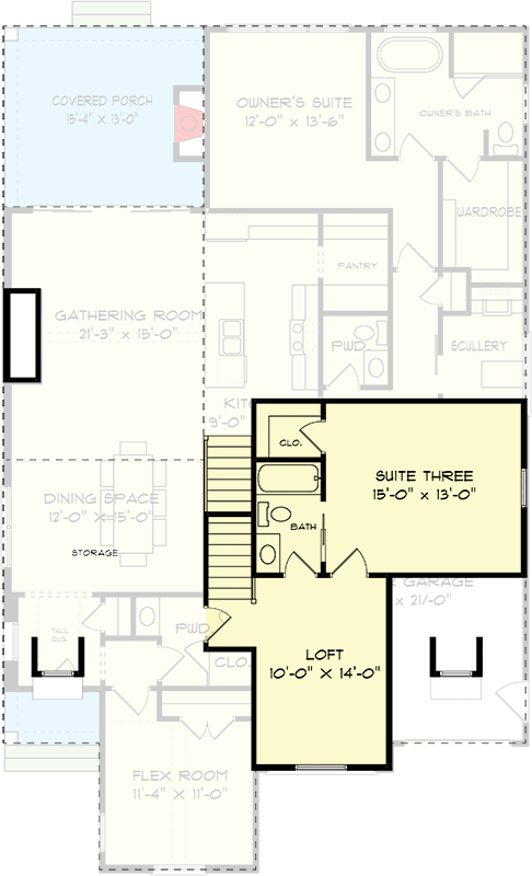 Plan 93150EL: Over 2,300 Square Foot Country Craftsman with Scullery and Loft - Floor Plan - 2nd Floor - Cottage, Craftsman, European, New American, Northwest