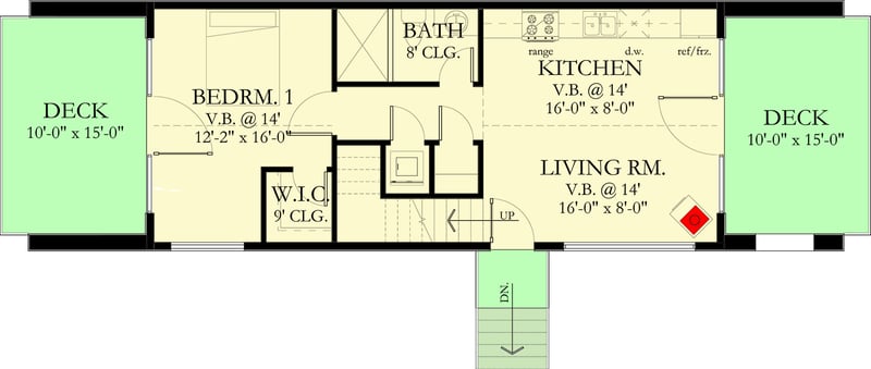 Plan 490108NAH: Scandinavian-Style 800 Square Foot 2 Bedroom House Plan - Floor Plan - Main Level - Contemporary, Modern, Scandinavian, Vacation