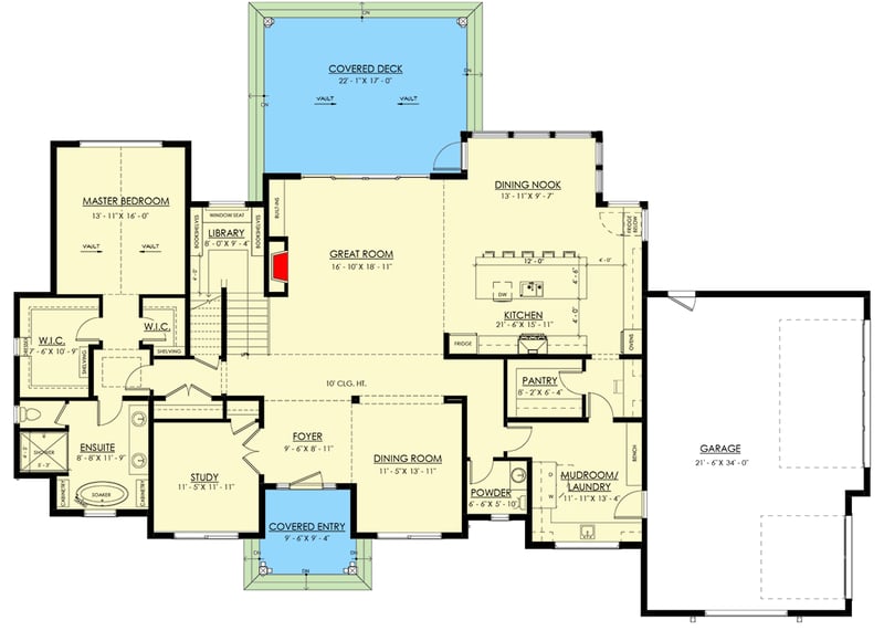 Plan 270068AF: 2-Story Transitional House Plan with Main Floor Master Bedroom and 3-Car Garage - Floor Plan - Main Level - Country, European, New American, Transitional
