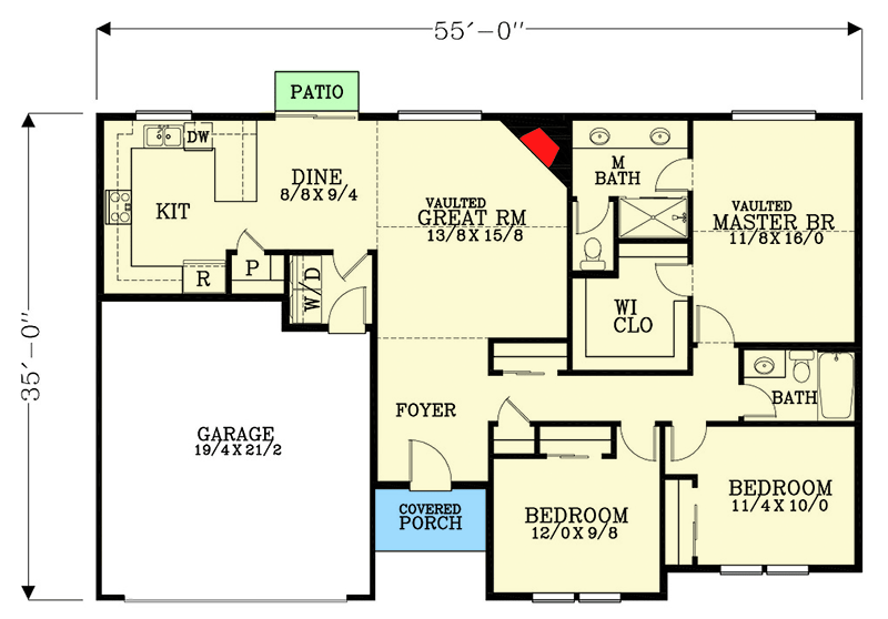 Plan 28059J: One-Level Ranch Plan Under 1,500 Square Feet - Floor Plan - Main Level - Ranch, Traditional