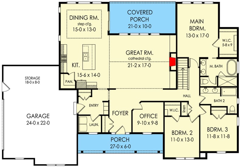 Plan 790137GLV: Symmetrical 3-Bed Modern Farmhouse Under 2300 Square Feet with Two Master Bath Layouts - Floor Plan - Main Level - Country, Farmhouse, Modern Farmhouse