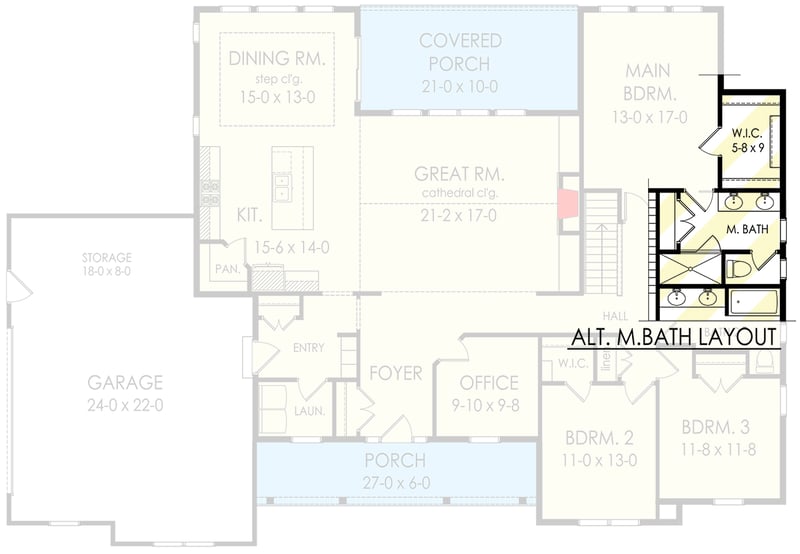 Plan 790137GLV: Symmetrical 3-Bed Modern Farmhouse Under 2300 Square Feet with Two Master Bath Layouts - Floor Plan - Alternate Master Bath Layout - Country, Farmhouse, Modern Farmhouse