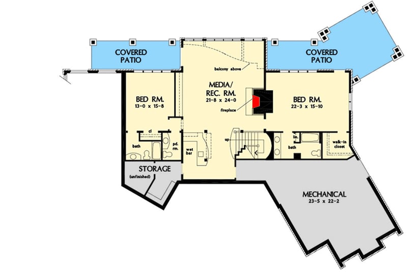 Plan 444383GDN: Rustic Craftsman House Plan Under 4800 Square Feet with Angled Master Suite and 3-Car Garage  - Floor Plan - Lower Level - Country, Craftsman, Mountain, New American, Rustic