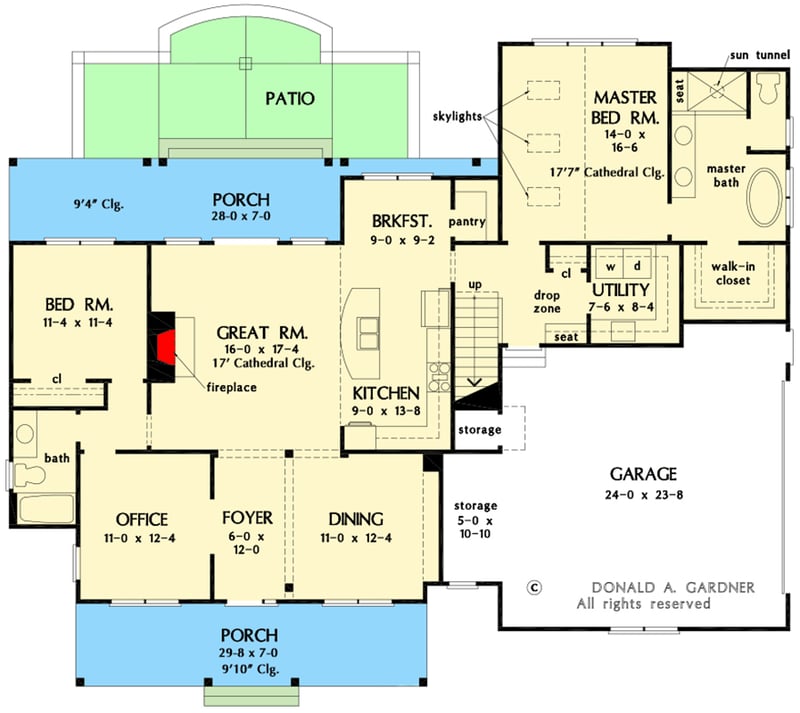 Plan 444390GDN: 2500 Square Foot Modern Farmhouse Plan with Vaulted Great Room and 7'-Deep Pordches - Floor Plan - Main Level - Country, Craftsman, Farmhouse, Modern Farmhouse, New American