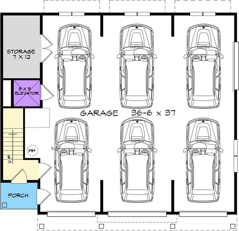 Plan 360112DK: 2-Bed Carriage House Plan Under 1500 Sq Ft with Tandem Garage for 6 Cars - Floor Plan - Main Level - Carriage, Craftsman, Traditional
