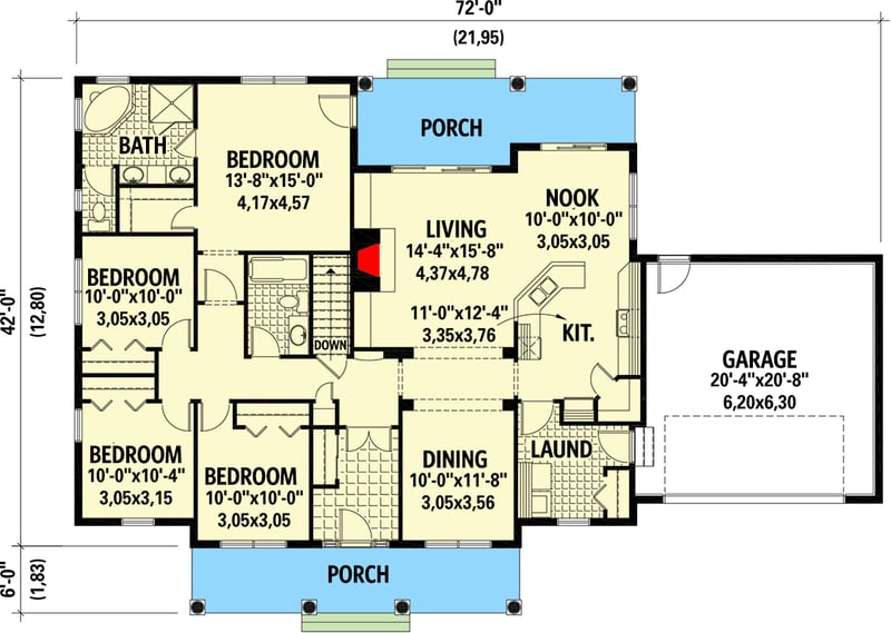 Plan 80998PM: Prestigious Bungalow Plan with Front and Rear Porch - Floor Plan - Main Level - Country, Southern, Traditional