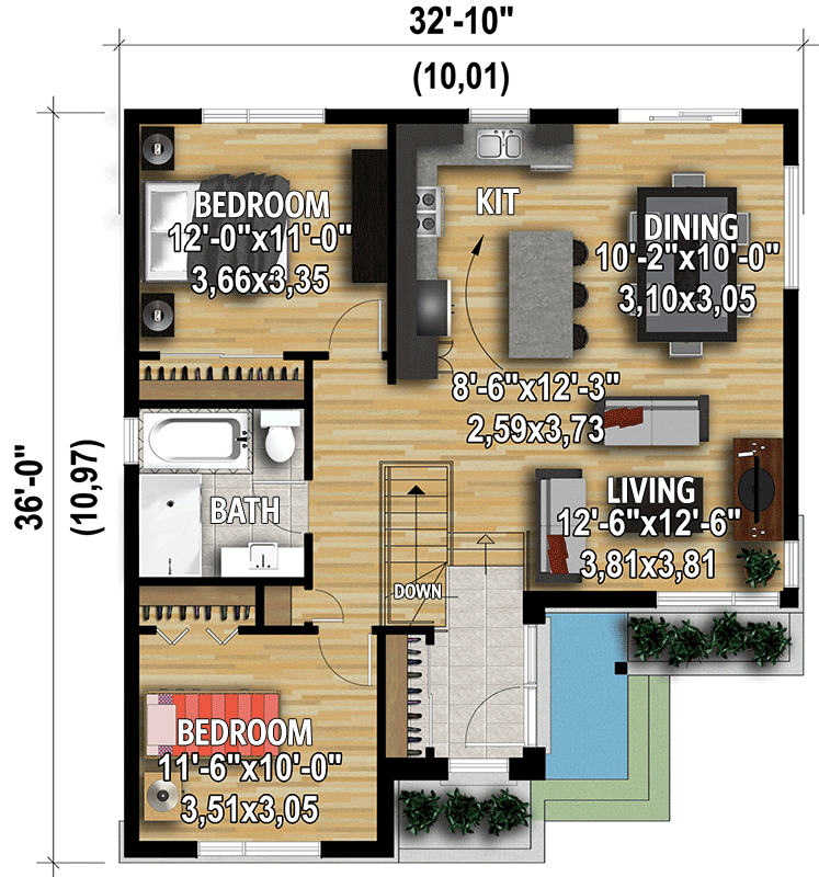 Plan 801004PM: 2 Bed Modern Bungalow Under 1000 Square Feet - Floor Plan - Main Level - Bungalow, Contemporary, Northwest, Prairie, Transitional