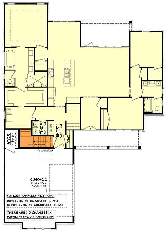 Plan 51933HZ: 3 Bedroom Modern Farmhouse Under 2,000 Square Feet with Courtyard Garage - Floor Plan - Main Level - Basement Stairs Location - Country, Craftsman, Farmhouse, Modern Farmhouse, New American, Traditional