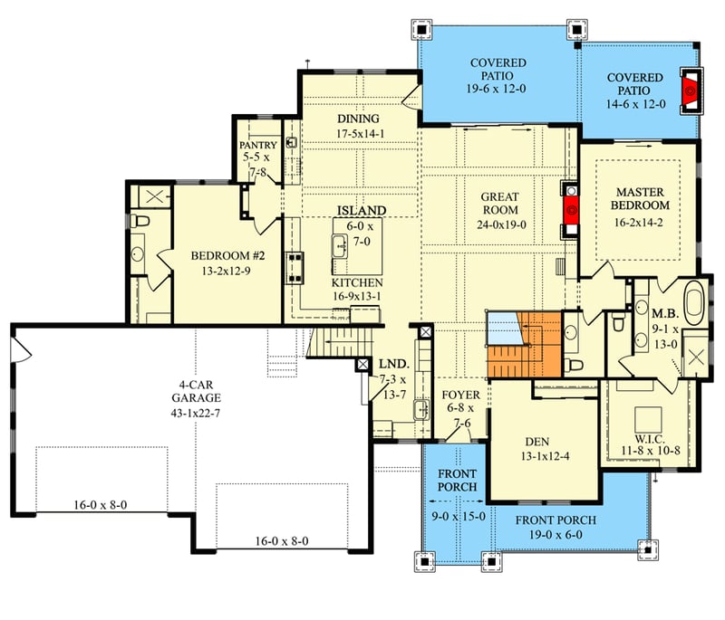 Plan 95198RW: 3-Bed New American House Plan with 4-Car Garage and Lower Level Expansion - Floor Plan - Main Level - Country, Craftsman, Mountain, New American, Rustic