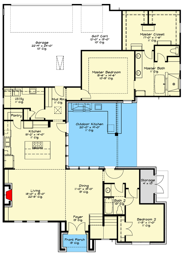 Plan 125000LEW: 4-Bed Transitional European House Plan Under 2800 Square Feet with Elaborate Outdoor Kitchen - Floor Plan - Main Level - Acadian, European, New American, Southern, Transitional