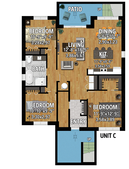 Plan 801081PM: Transitional Farmhouse-Inspired Triplex House Plan with 3 Bedroom Units - Floor Plan - Lower Level (Unit C)