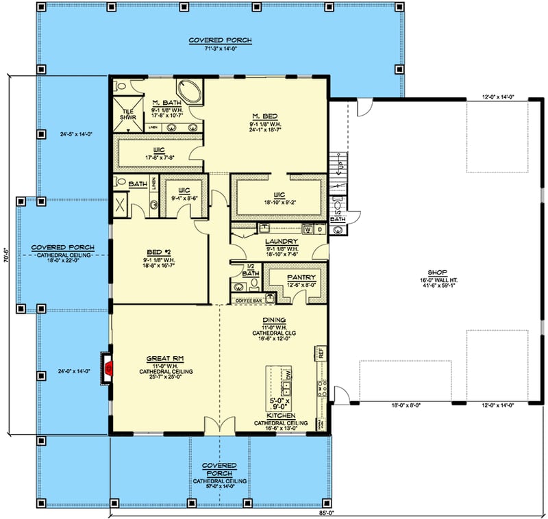 Plan 135230GRA: 2-Bed Farmhouse-Inspired Barndo-Style House Plan with Loft and RV-Friendly Garage - Floor Plan - Main Level - Barndominium, Country, Modern Farmhouse