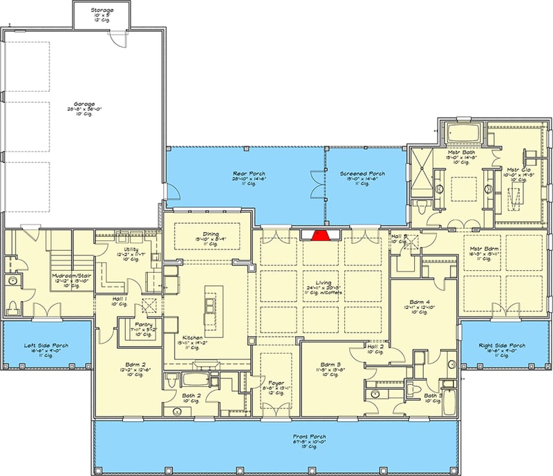Plan 125004LEW: Southern Traditional Home Plan with Front and Rear Porches - Floor Plan - Main Level - Country, Louisiana-Style, Ranch, Southern, Southern Traditional, Traditional