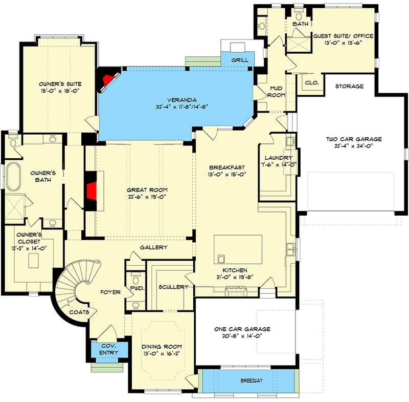 Plan 93179EL: Luxury European Home Plan with Media and Play Rooms Upstairs - Floor Plan - Main Level - European, Southern, Traditional