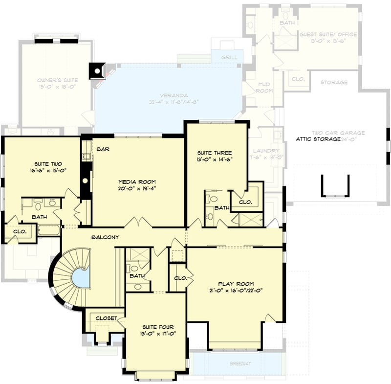 Plan 93179EL: Luxury European Home Plan with Media and Play Rooms Upstairs - Floor Plan - 2nd Floor - European, Southern, Traditional