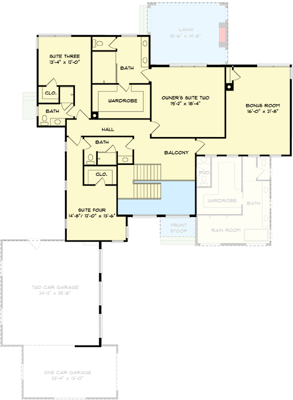 Plan 93184EL: 2-Story Mid-Century Modern Home Plan with Open Living Space and Lanai - Floor Plan - 2nd Floor - Contemporary, Mid Century Modern, Modern
