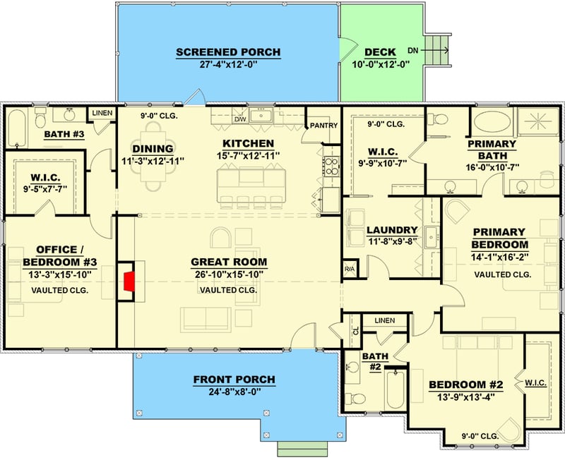 Plan 810021RBT: 2260 Square Feet Country Craftsman Plan with Vaulted Great Room - Floor Plan - Main Level - Country, Craftsman, Ranch, Traditional