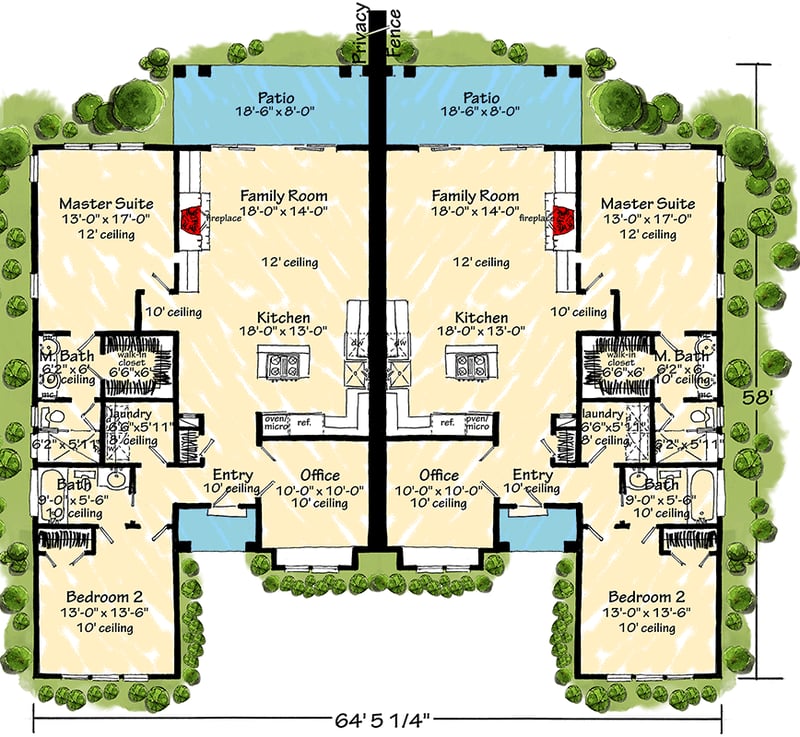 Plan 12976KN: New American Duplex House Plan with Matching 1371 Square Foot 2-Bed Units - Floor Plan - Main Level - Country, Craftsman, New American, Ranch