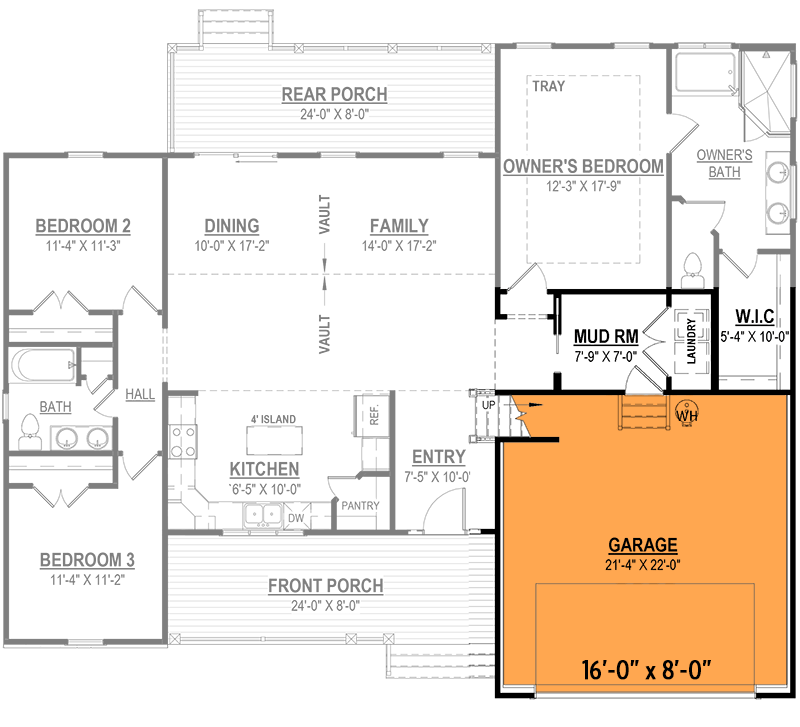 Plan 83636CRW: One-Level Country Home Plan with Vaulted Living Space - Floor Plan - Optional 2-Car Front Garage (+$350) - Country, Craftsman, Farmhouse, Ranch, Traditional