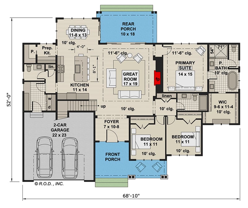 Plan 14750RK: 2120 Square Foot 3-Bed New American House Plan with Bonus Expansion - Floor Plan - Main Level - Country, Craftsman, New American, Traditional