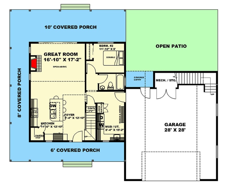 Plan 350022GH: 2 Bed Country Home Plan Under 1500 Square Feet with Upstairs Office - Floor Plan - Main Level