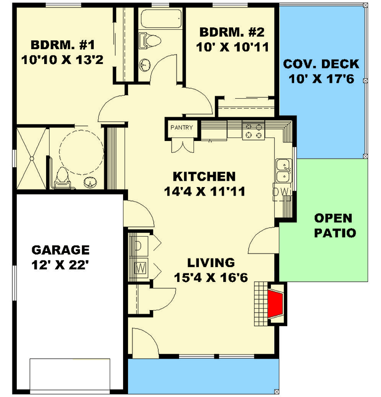 Plan 350023GH: 2 Bed House Plan with 1 Car Front Garage and a 3 Car Rear Drive Under Garage - Floor Plan - Main Level