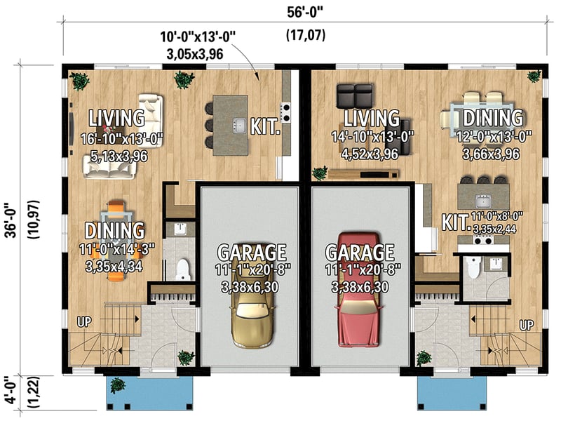 Plan 801131PM: 2-Story Transitional Duplex House Plan with Side By Side 1748 Square Foot 2 Bed Units  - Floor Plan - Main Level - New American, Transitional