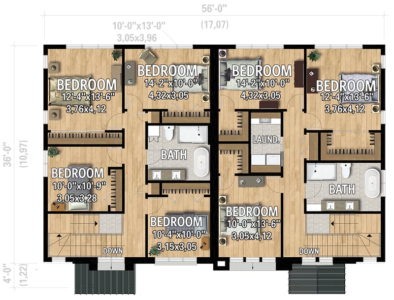 Plan 801131PM: 2-Story Transitional Duplex House Plan with Side By Side 1748 Square Foot 2 Bed Units  - Floor Plan - 2nd Floor - New American, Transitional