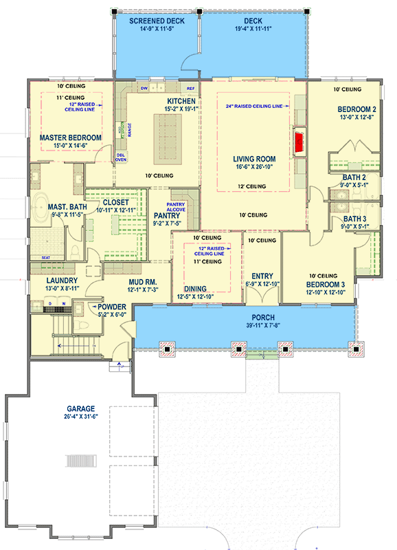 Plan 64535SC: Traditional Lake House Plan with Screened Deck and Option to Finish Basement - Floor Plan - Main Level - Country, Farmhouse, Modern Farmhouse, Rustic, Traditional
