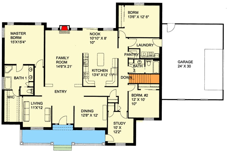 Plan 35145GH: Southern Farmhouse House Plan with 3 Bedrooms, Study, and 2-Car Garage - Floor Plan - Main Level - Farmhouse, Ranch, Southern