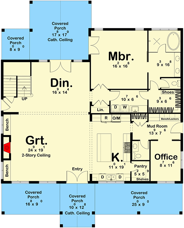 Plan 623242DJ: Barndominium-Style House Plan with Home Office and 4 Bedrooms - Floor Plan - Main Level - Barndominium, Country, Farmhouse, Modern Farmhouse, New American, Rustic