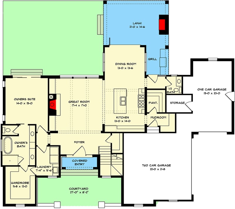 Plan 93188EL: Downsized Transitional Country Home Plan with Upstairs Game and Future Flex Rooms - 2994 Sq Ft - Floor Plan - Main Level - Acadian, Contemporary, Country, New American, Southern, Transitional