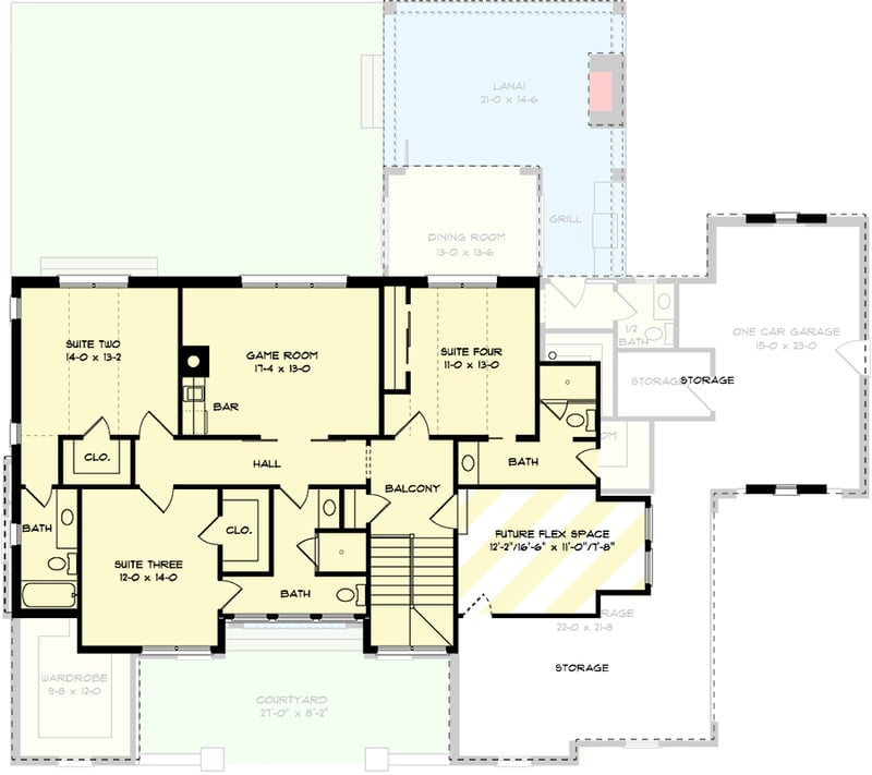 Plan 93188EL: Downsized Transitional Country Home Plan with Upstairs Game and Future Flex Rooms - 2994 Sq Ft - Floor Plan - 2nd Floor - Acadian, Contemporary, Country, New American, Southern, Transitional