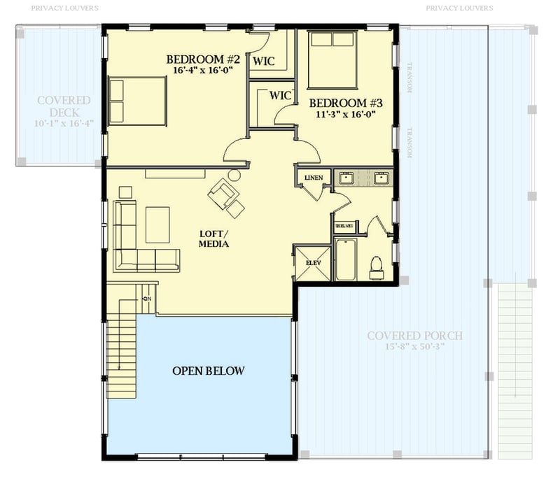 Plan 46486LA: Exclusive 3-Story Multi-Generational Modern House Plan with Independent Ground Level Apartment - Floor Plan - 2nd Floor - Contemporary, Modern, Northwest