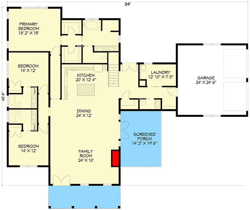 Plan 800002GDP: Country Farmhouse Plan with Loft and Screened Porch - Floor Plan - Main Level - Barndominium, Country, Craftsman, Farmhouse, Modern Farmhouse, Rustic