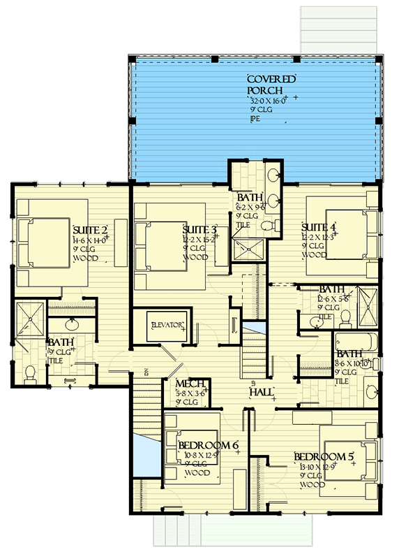 Plan 970124VC: 7 Bed 3-Story Coastal Vacation House Plan with Elevator and Rear Stacked Porches - Floor Plan - 2nd Floor - Beach, Coastal, Coastal Contemporary, Southern
