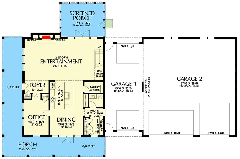 Plan 69804AM: 3 Bed Barndominium-Style House Plan with Massive RV and Drive Through Garage - Floor Plan - Main Level - Barndominium, Country, Craftsman, Mountain, New American, Rustic, Traditional