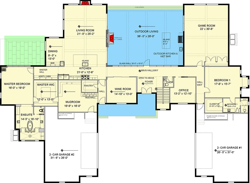 Plan 735007CAR: 2-Story Modern Farmhouse Home Plan Over 5000 Square Feet with Large Outdoor Living Room - Floor Plan - Main Level - Contemporary, Modern Farmhouse, New American, Transitional